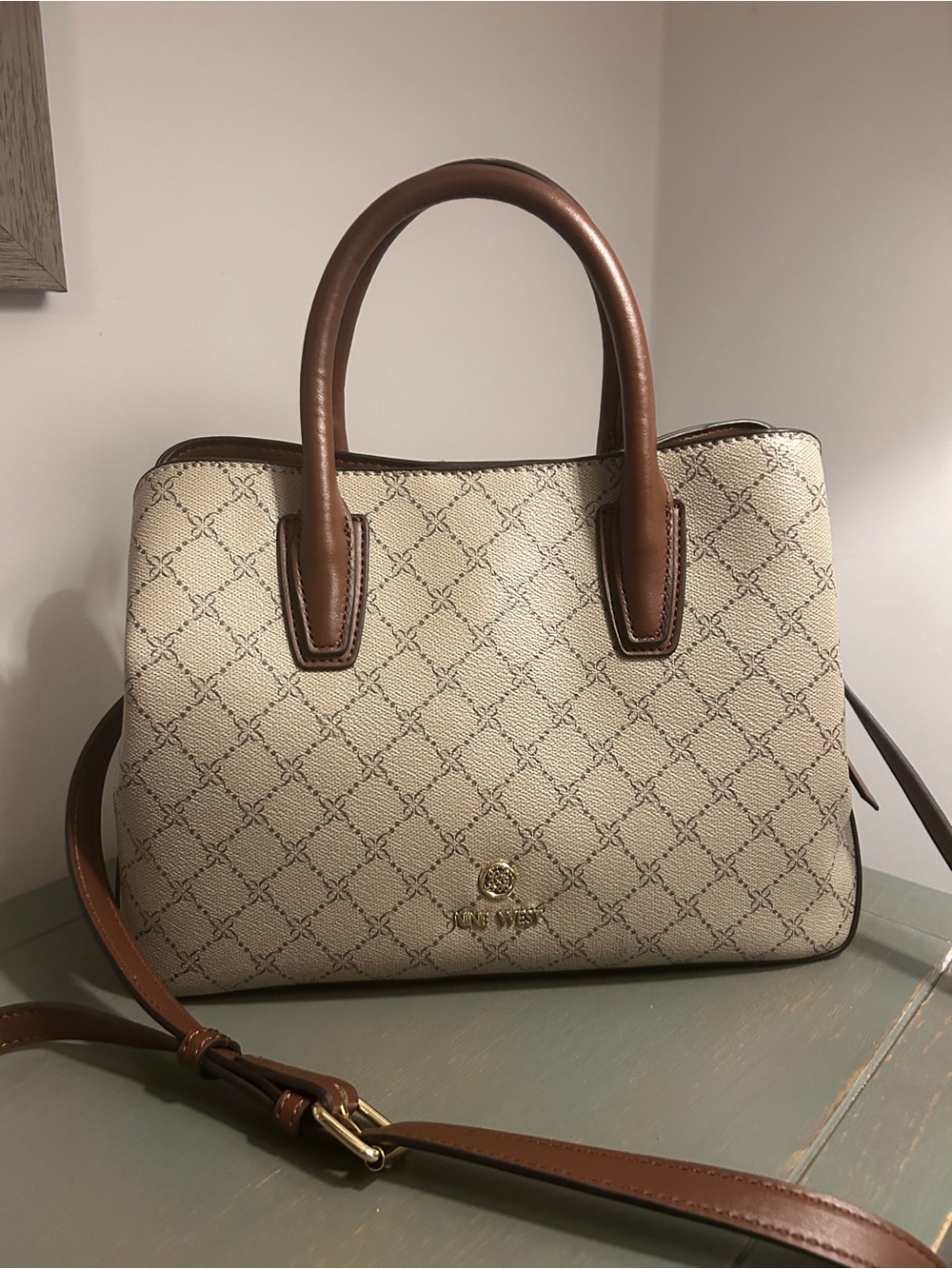 Nine West Cream Crossbody Satchel with Brown Trim and Strap, like NEW